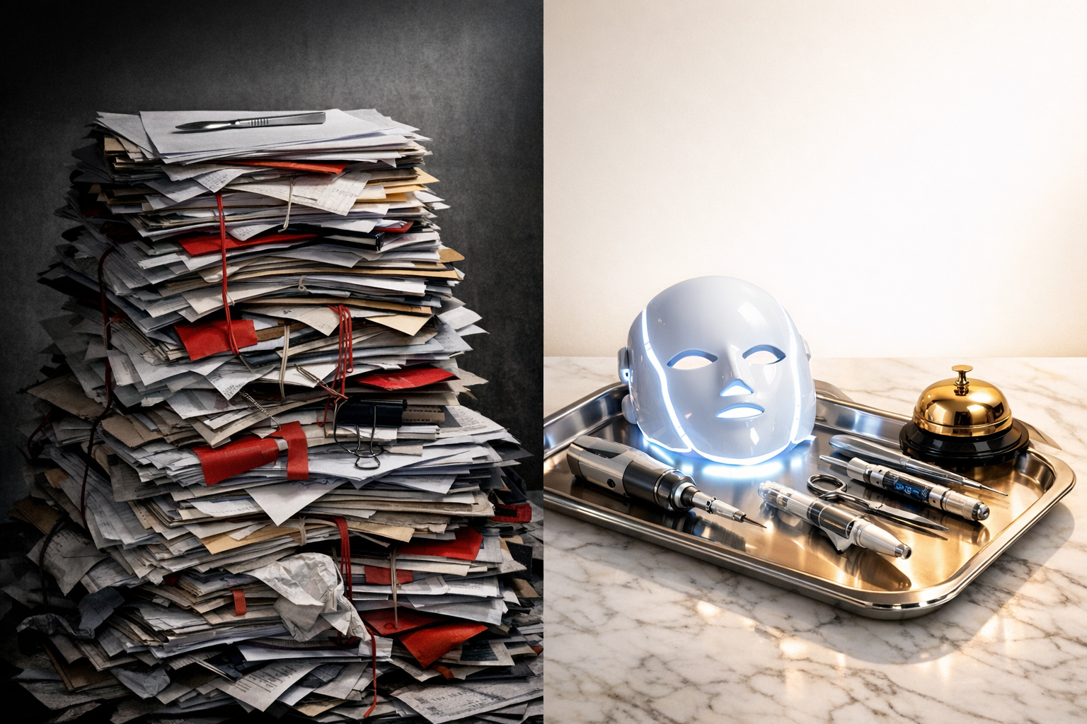 A highend photorealistic conceptual stilllife photography split into two distinct halves On the left side a heavy chaotic and towering stack of thick-1