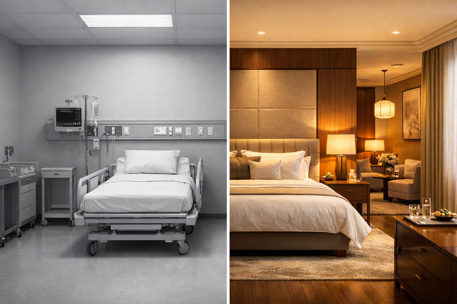A photorealistic splitscreen architectural rendering The left side shows a stark cold basic greyedout clinical hospital room The right side shows a wa-1