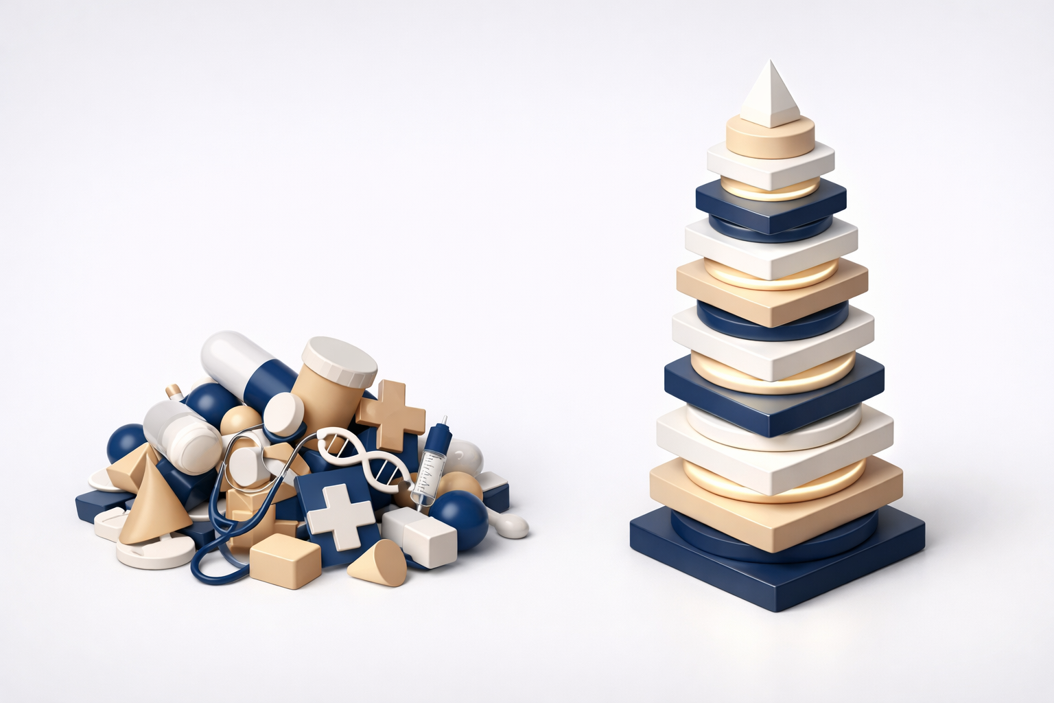 A sleek highend 3D minimalist illustration comparing two concepts On the left a small disorganized mixed pile of various abstract medical and geometri-1