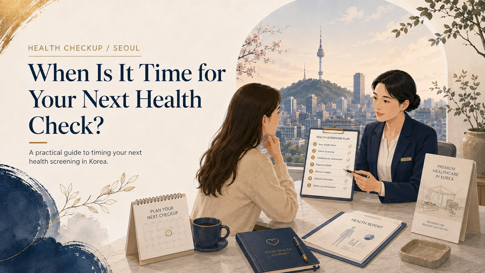 Illustrated health checkup consultation in Seoul with an international patient reviewing a screening plan with a medical coordinator, with N Seoul Tower in the background.